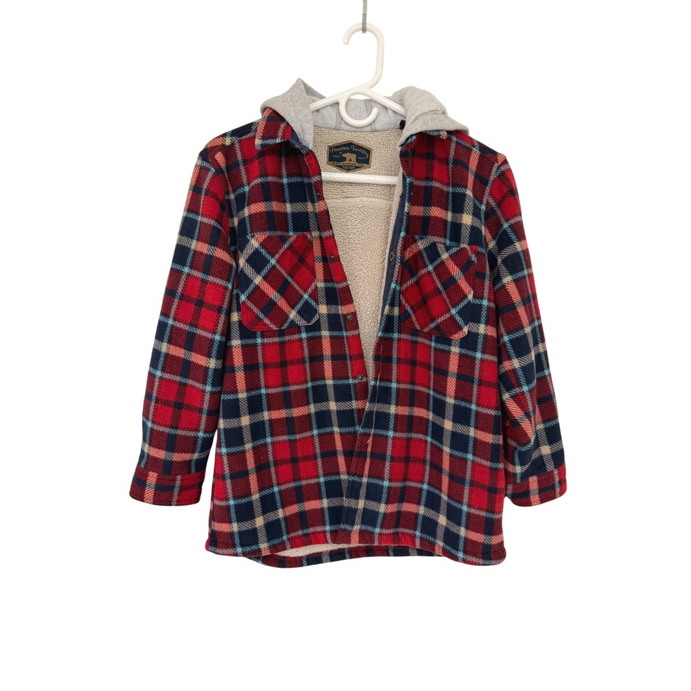 Freedom Foundry Plaid Hooded Flannel Sherpa Lined Jacket Red Blue Large 14/16